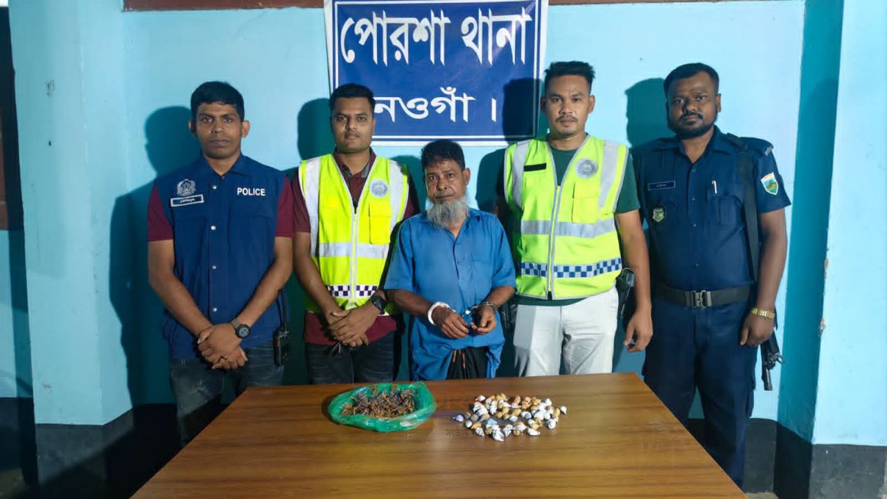 পোরশায় ১৬৯ গ্রাম গাঁজাসহ পেশাদার মাদক ব্যবসায়ী আটক