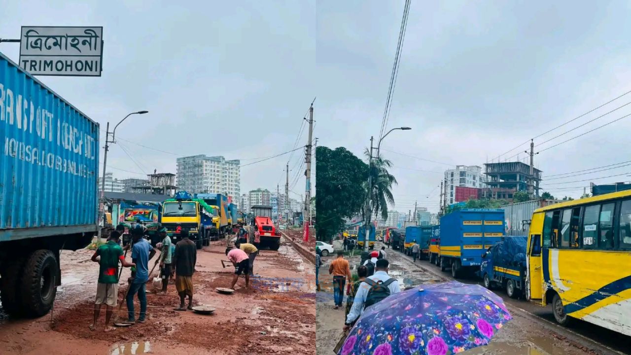 ডেমরা–রামপুরা মহাসড়কের ত্রিমোহনী ব্রিজ এলাকায় দীর্ঘদিনের সড়ককাজে চরম ভোগান্তি, দ্রুত কাজ শেষের দাবি