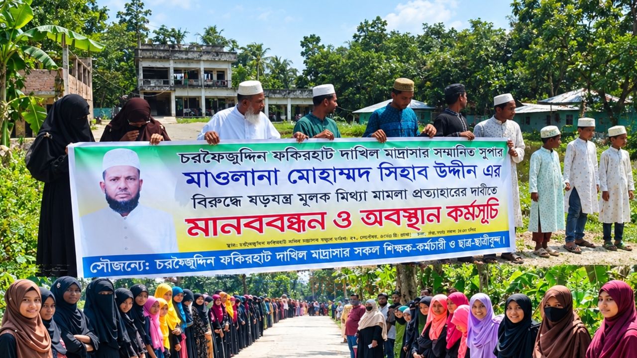 মনপুরায় মাদ্রাসা সুপারের বিরুদ্ধে ‘মিথ্যা’ মামলার প্রতিবাদে শিক্ষার্থীদের মানববন্ধন ও অবস্থান কর্মসূচি